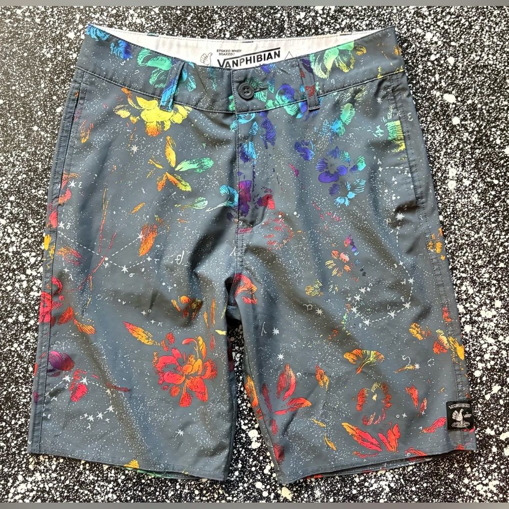 Vanphibian hybrid board shorts gray colorful floral Men’s 28 swim hike surf